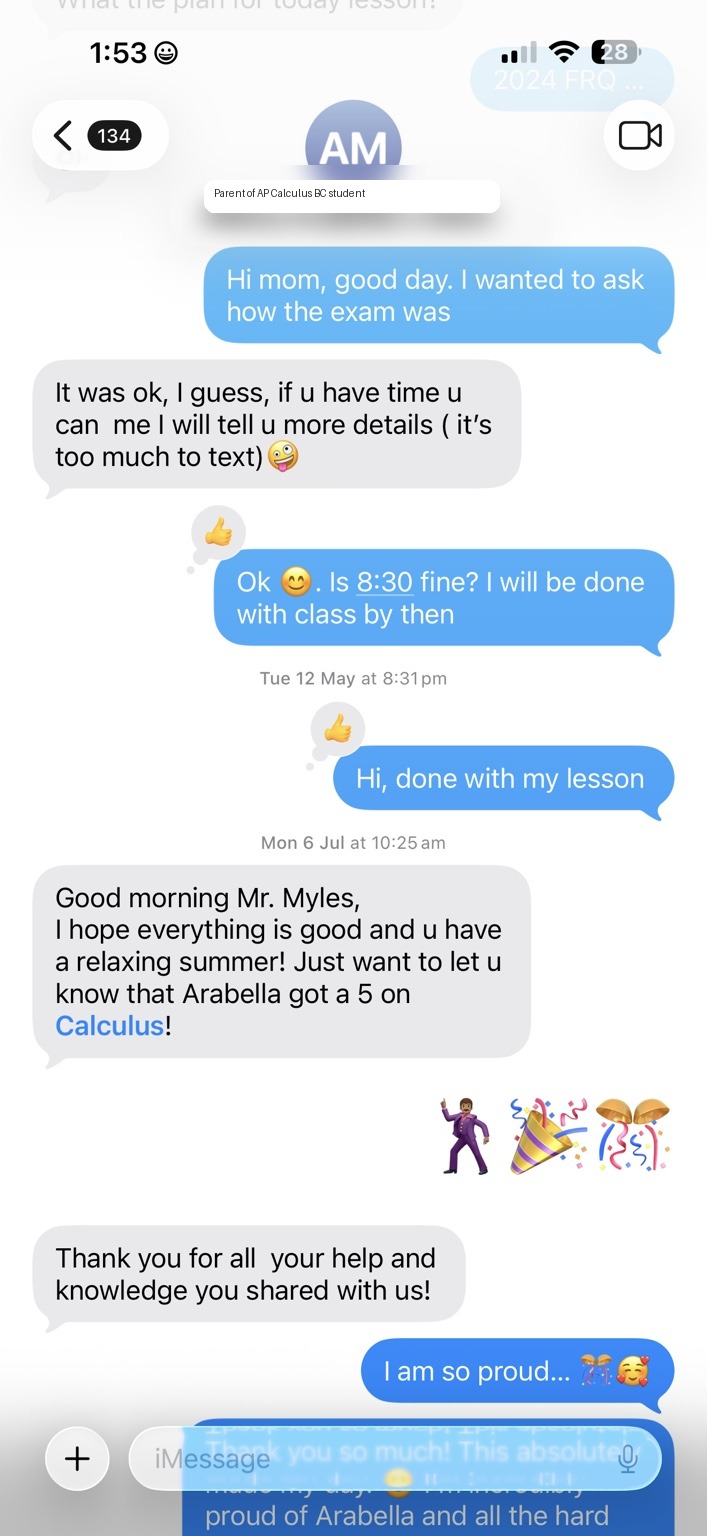 Parent message confirming an AP Calculus BC student earned a score of 5